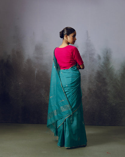 Teal Blue Jamdani Khadi Silk Saree