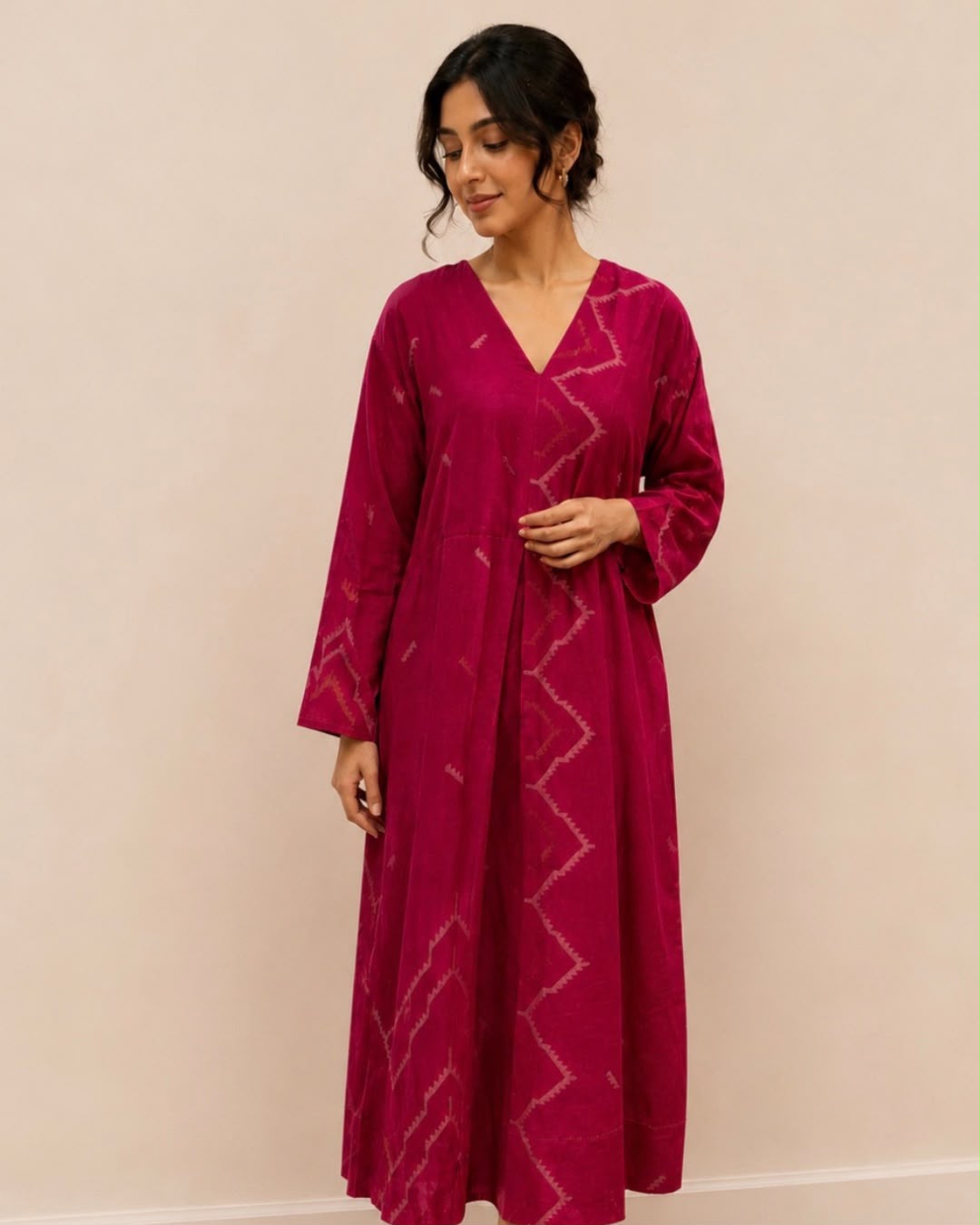 Pink V Neck Jamdani Cotton Long Dress