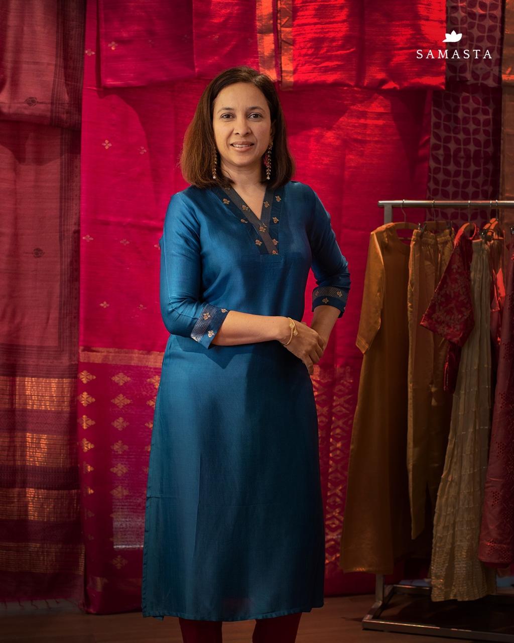 Blue Brocade Yoke Neck modal Silk Kurta