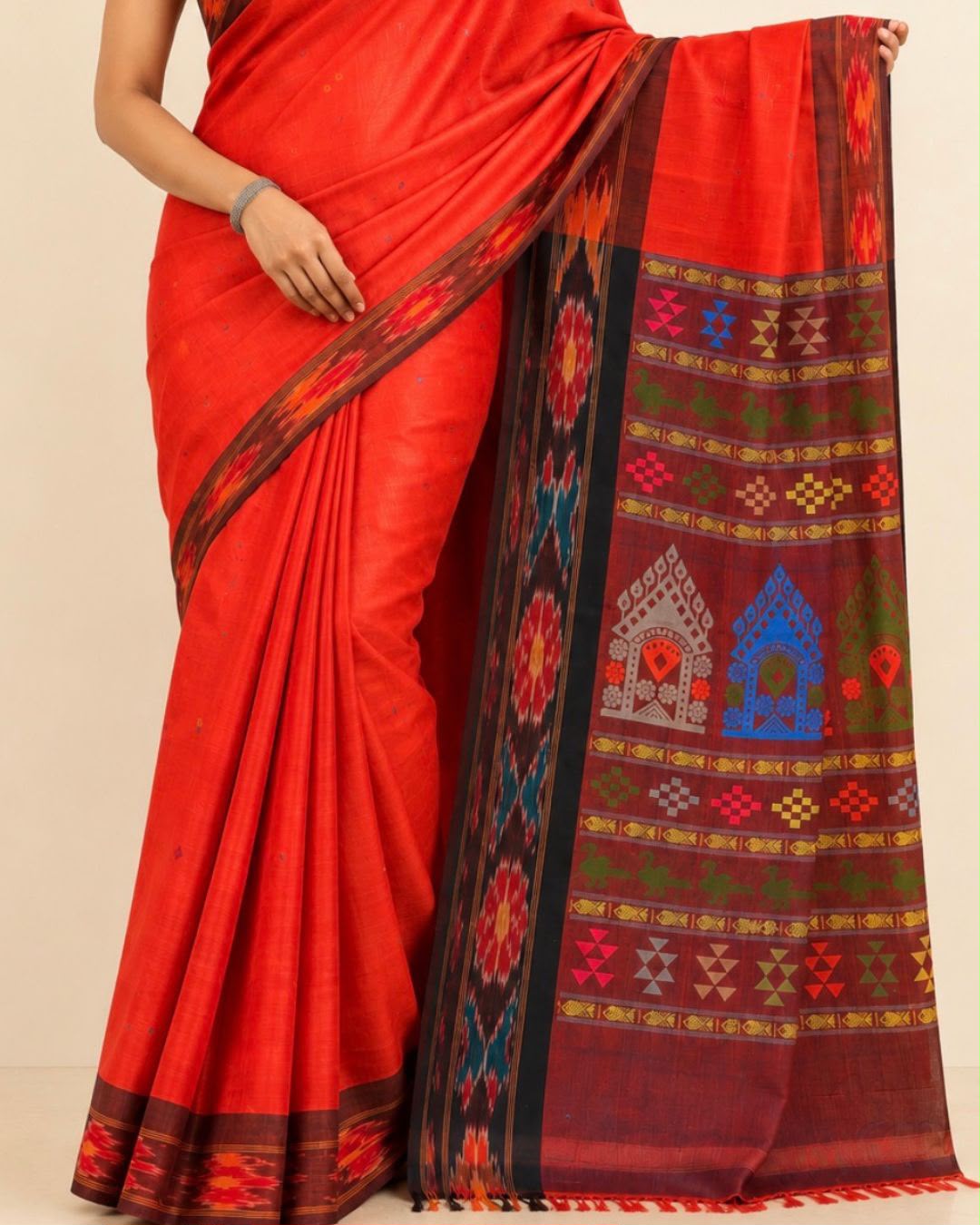 Red Ikat Border Thread Woven Tussar Silk Saree