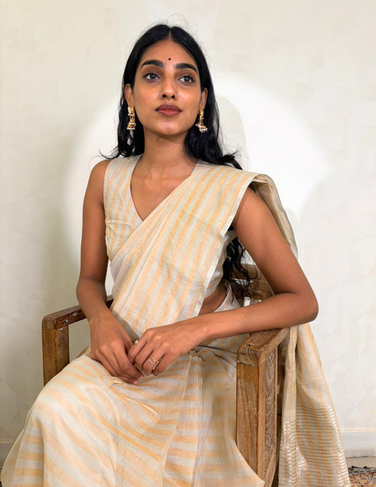 White Gold Stripes Silk Chanderi saree