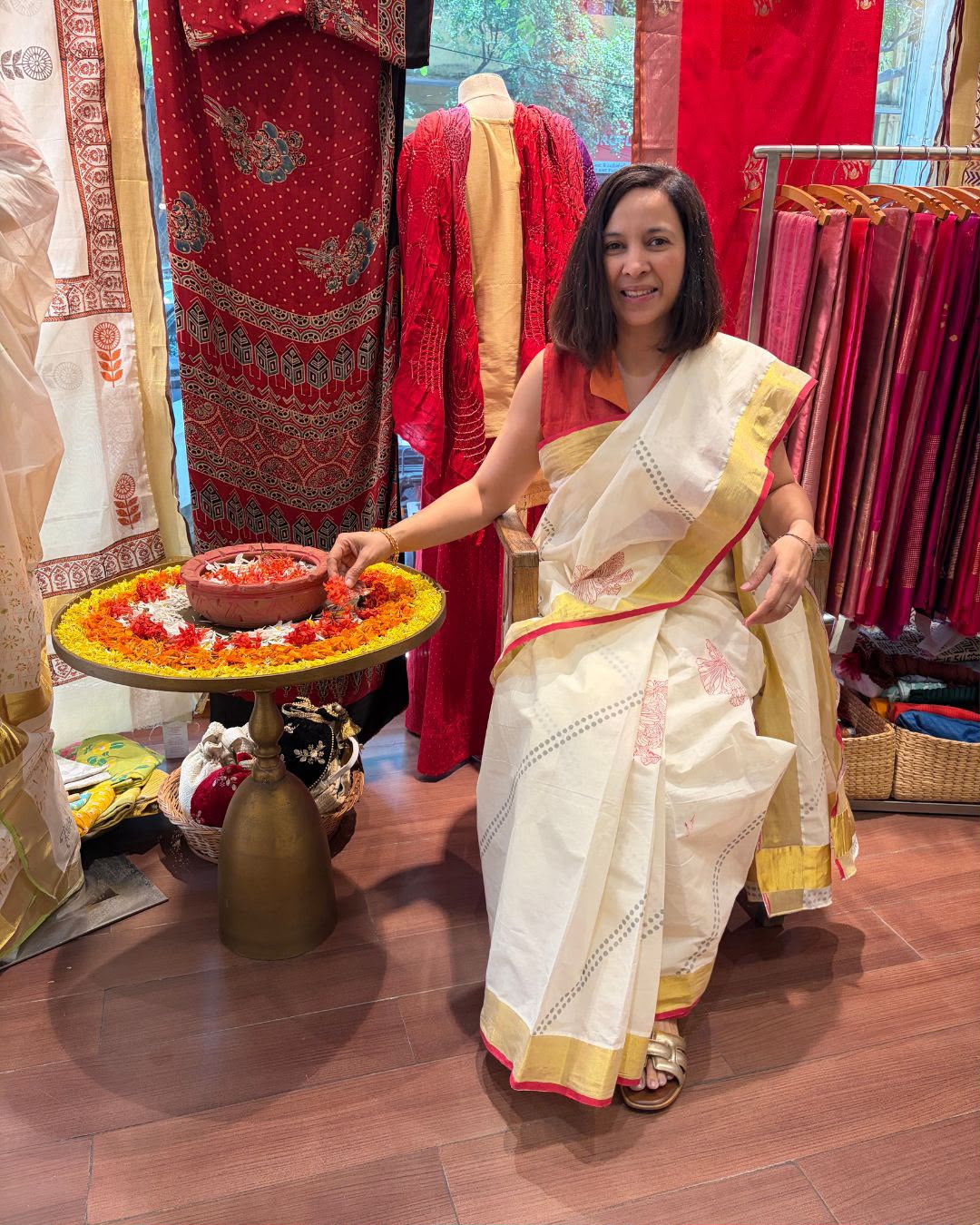 Off White Floral Kavasa Hand Block Printed Cotton Saree