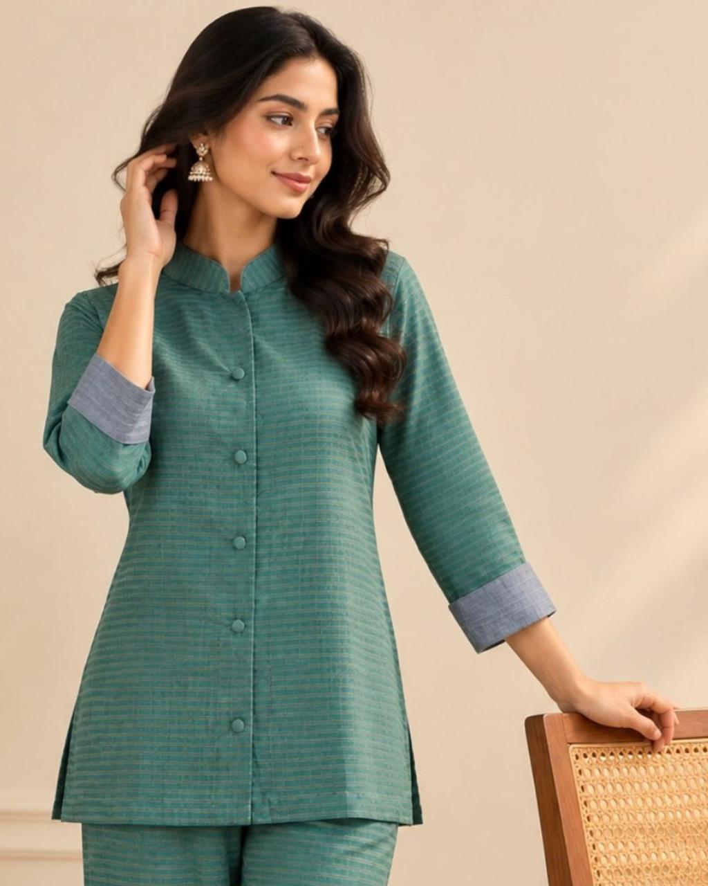 Teal Green Ribbed Mandarin Collar Tussar Silk Cotton Tunic