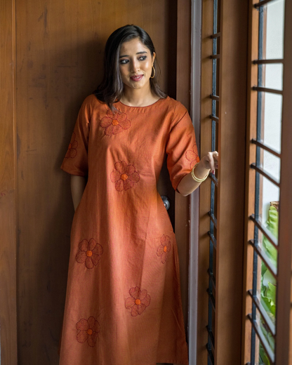 Orange Checks Floral Embroidered Cotton Dress