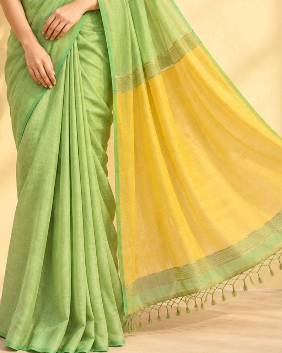 Parrot Green Fulia Cotton Tissue Saree with Yellow Border and Tassels Pallu