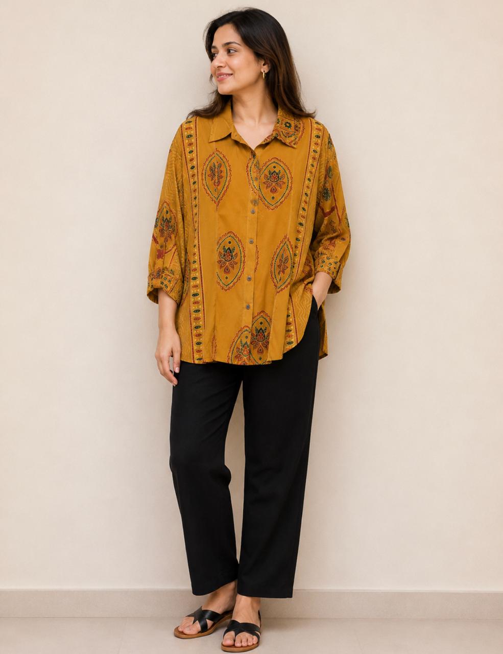 Mustard Yellow Shirt Collar Modal Top