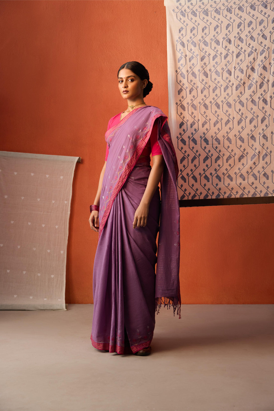 Mauve Jamdani RedBorder Cotton Saree