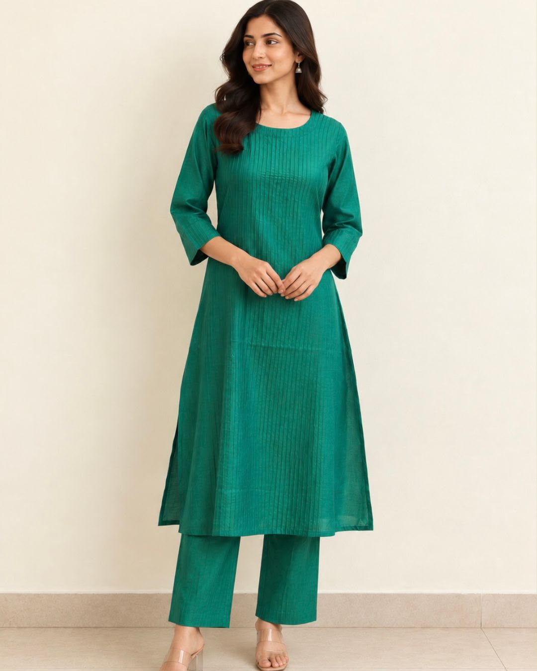 Green Pintuck Tussar Silk Cotton Long Kurta