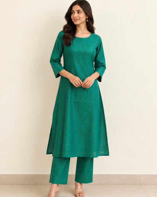Green Pintuck Tussar Silk Cotton Long Kurta - samasta.in #