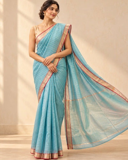 Sky Blue Gold Stripes Marm Chanderi Silk Cotton Saree