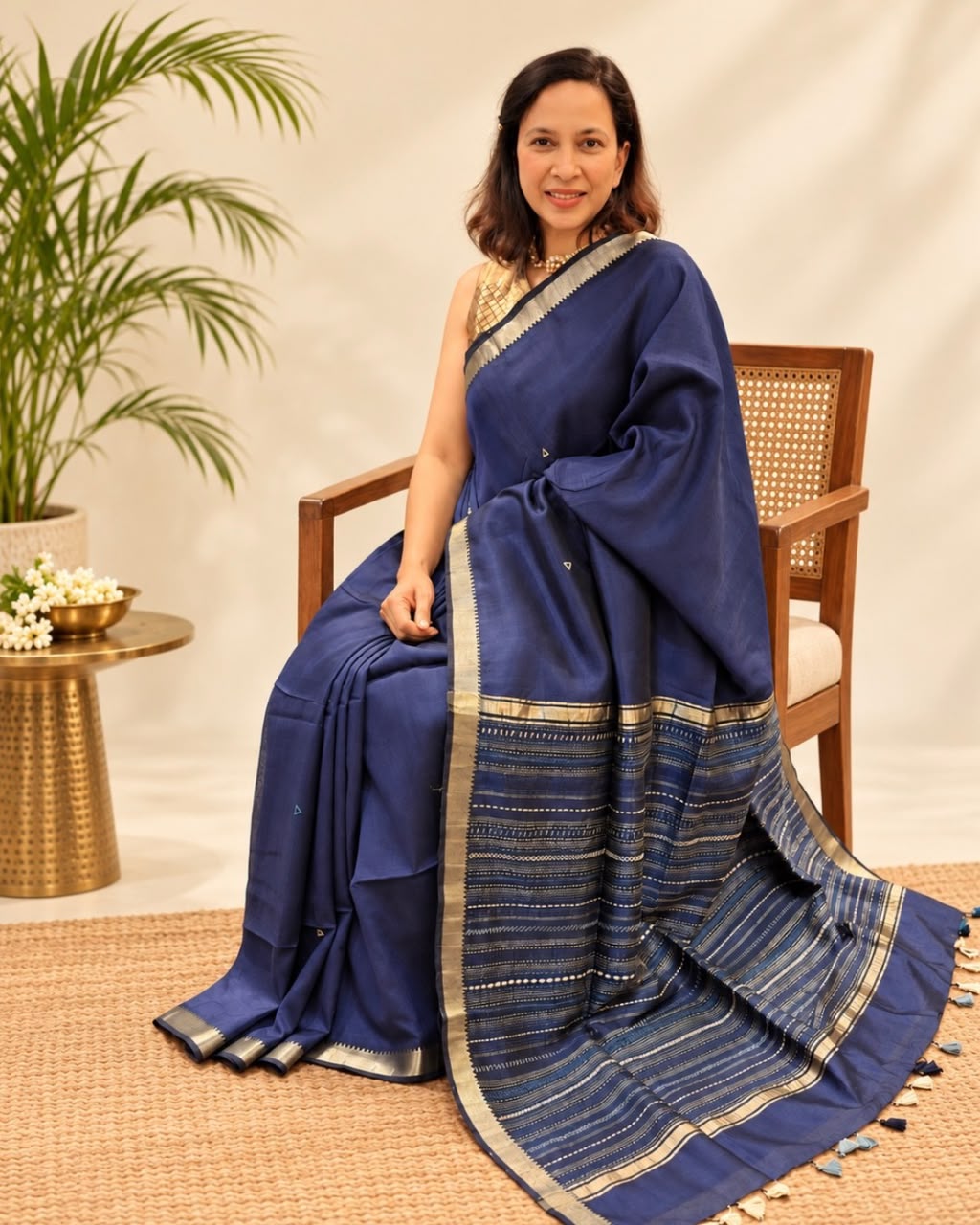 Navy Blue Silver Zari Border Porgai Embroidery Mangalgiri Silk Saree