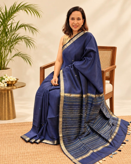 Navy Blue Silver Zari Border Porgai Embroidery Mangalgiri Silk Saree