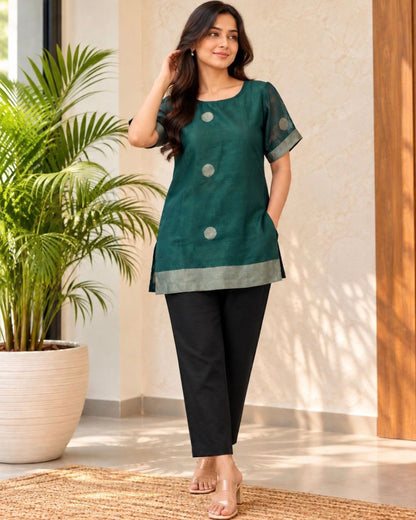 Bottle Green Round Neck Silver Boota Uppda Silk Cotton Blouse