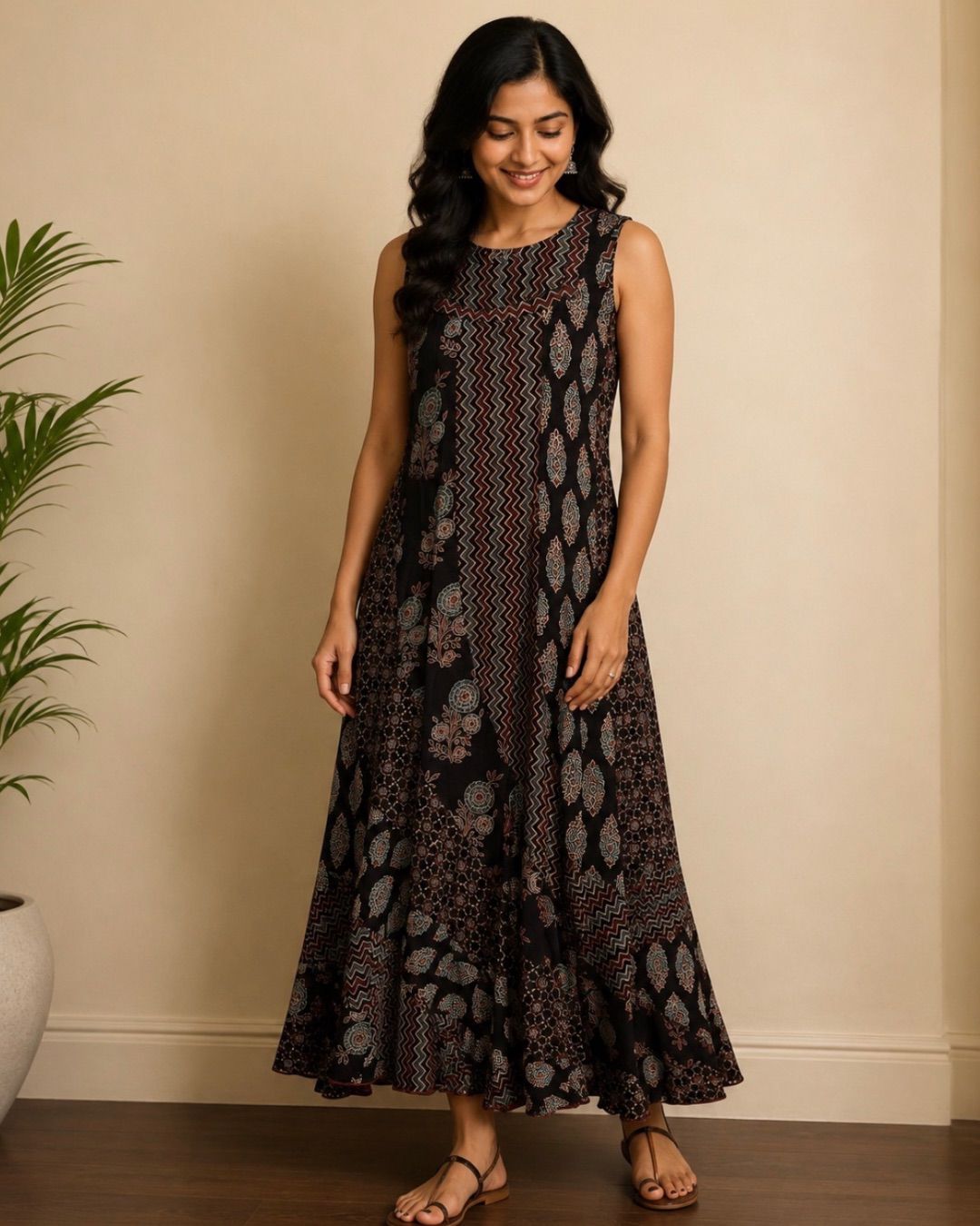 Black Ajrakh Sleeveless Cotton Dress