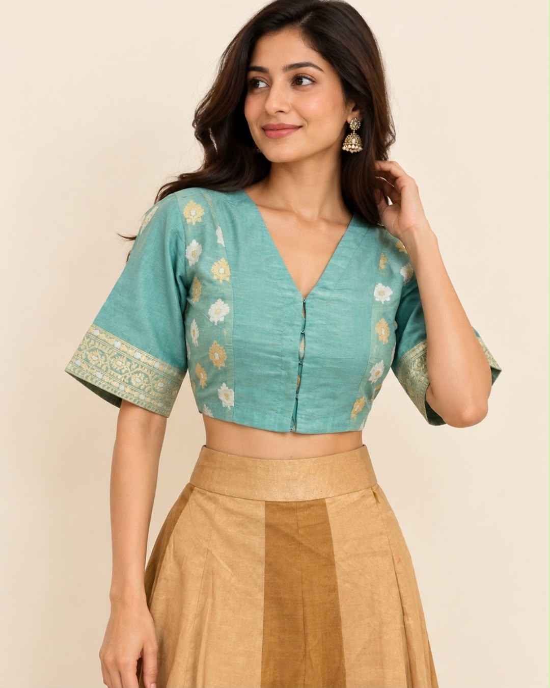 Teal Blue Benarasi Silk Cotton Blouse