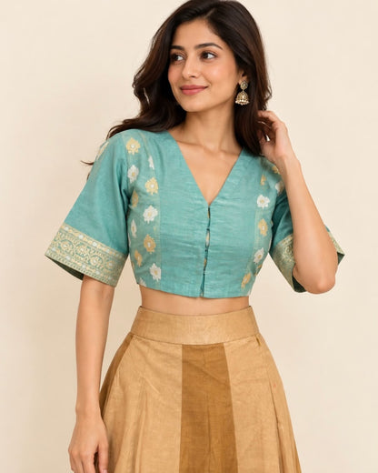 Teal Blue Benarasi Silk Cotton Blouse