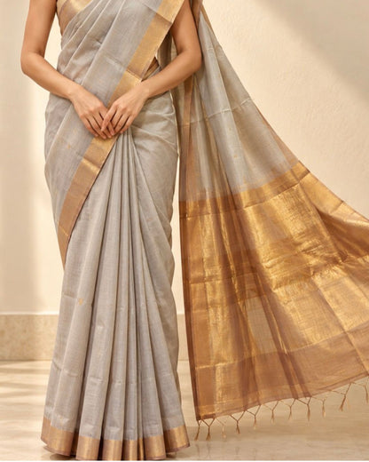 Grey Gold Zari Border Maroon Contrast Pallu Mangalgiri Silk Saree
