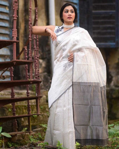 White Silver Tissue Stripes Chanderi Silk Saree