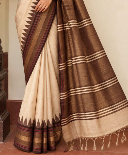 Beige Brown Temple Border Chattisgarh Tussar Silk Saree