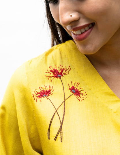 Yellow Porgai Embroidery Cotton Dress