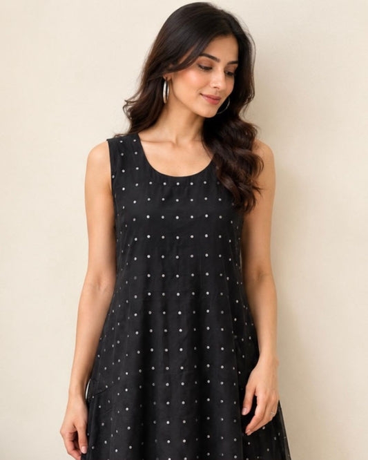 Black Double Layer Sleeveless Sequins Dress Cotton - samasta.in #