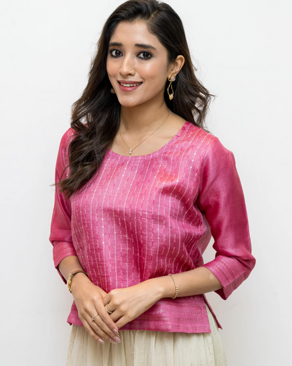 Pink Woven Seq Tussar Silk Blouse