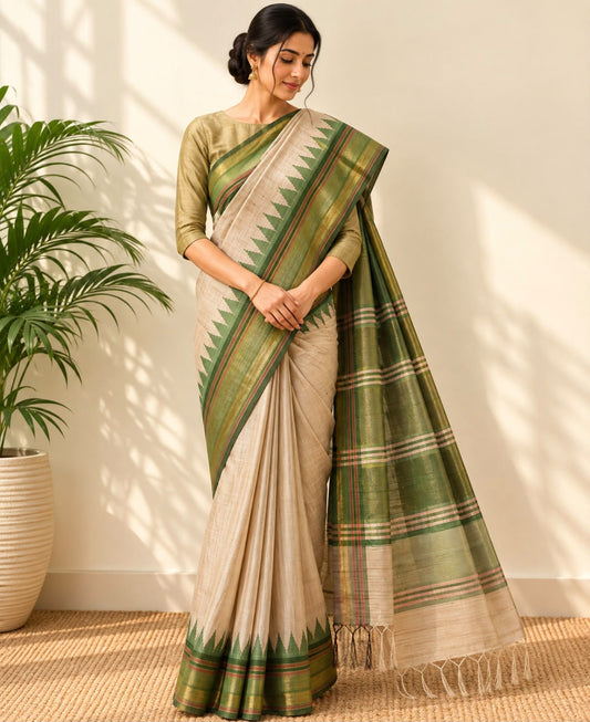 Beige Green Temple Border Chattisgarh Tussar Silk Saree - samasta.in #