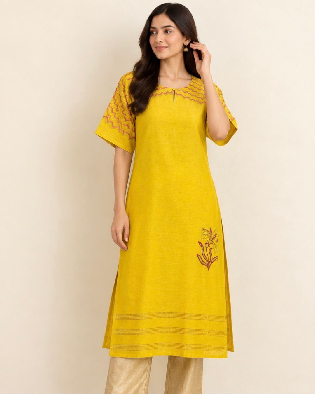 Yellow Rust Hand Block Printed Tussar Silk Long Kurta