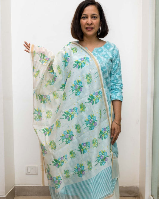 White Silk Cotton Multi Colour Floral Block Print Dupatta