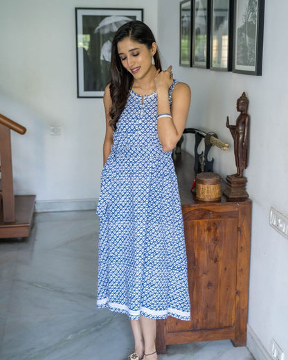 White Blue Geometric Sleeveless Vest Belt Cotton Dress