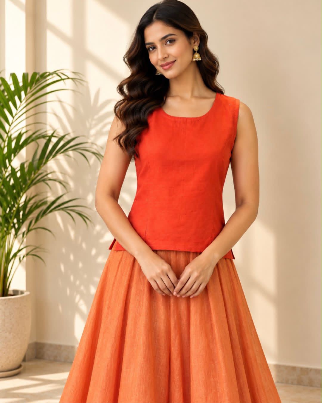 Orange Round Neck Sleeveless Maheswari Silk Cotton Blouse