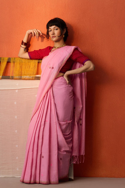 Pink Jamdani Zari Lines Cotton Saree