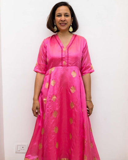 Pink Chanderi Gold Tissue Border Dress