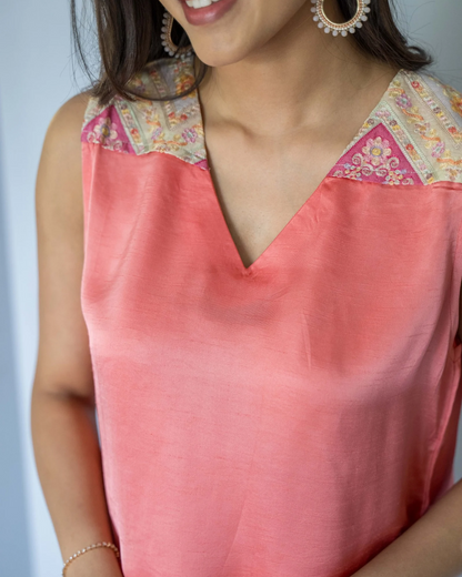 Peach Modal V Neck Yoke Sleeveless Top