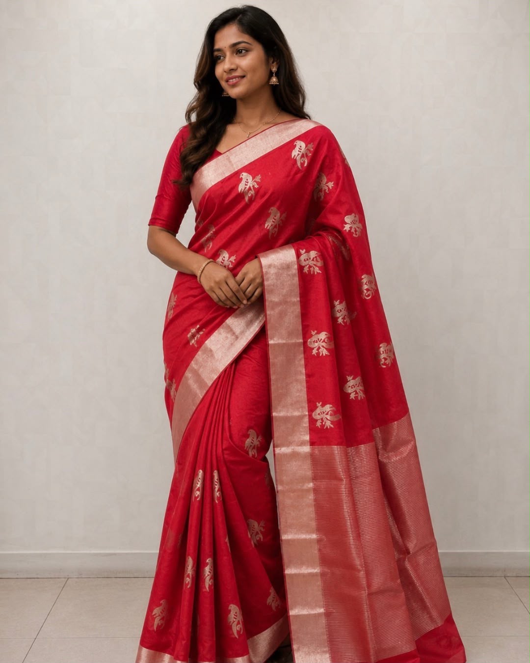 Chilli Red Silver Border Parrot Butta Chanderi Silk Saree