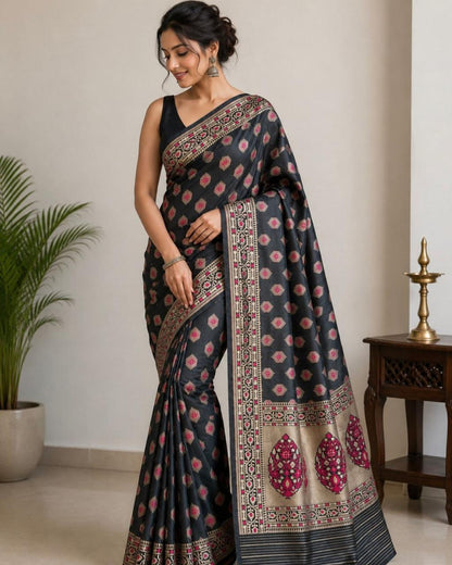 Black Banarasi Tissue Silk Saree