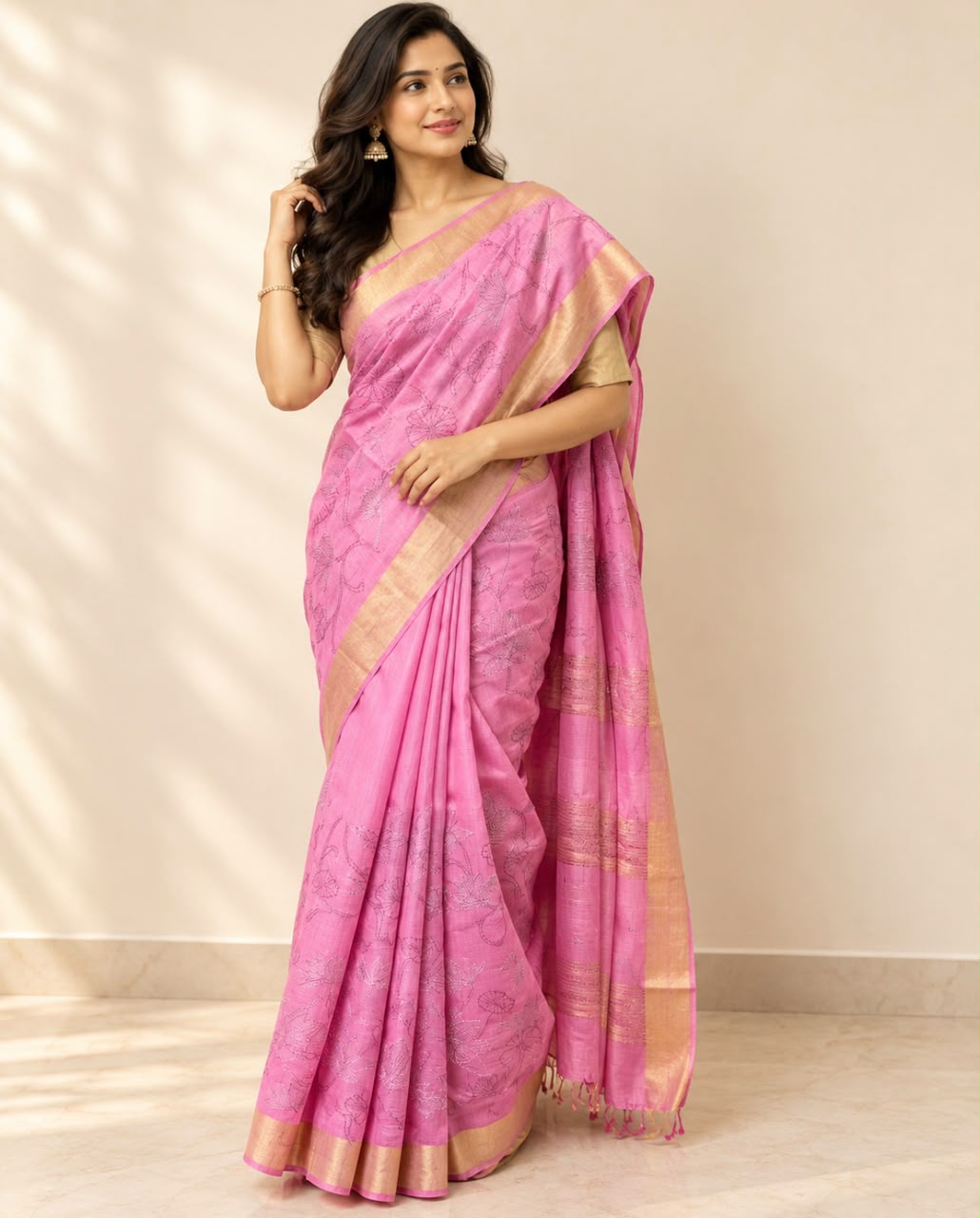 Pink Kanta Emboridery Mulberry Silk Saree