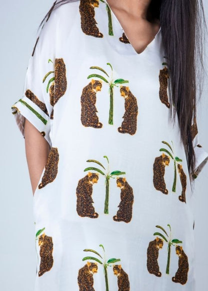 White Leopard Print Modal Silk Dress