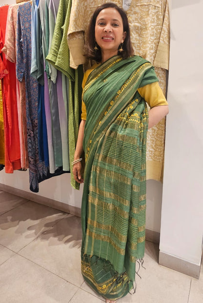 Green Kantha Embroidery Jamdani Matka Silk Saree