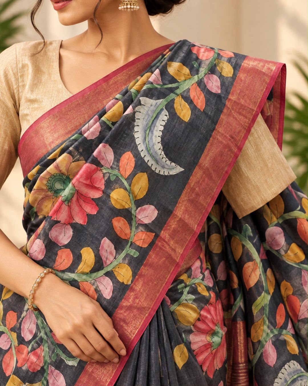 Black Kalamkari Hand Painted Tussar Silk Saree