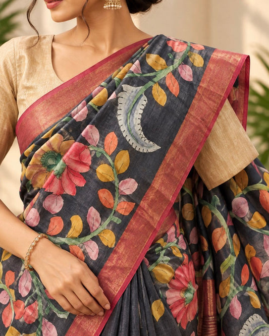 Black Kalamkari Hand Painted Tussar Silk Saree