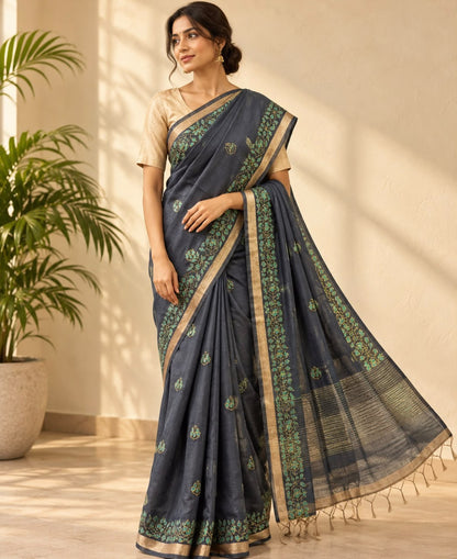 Dark Blue Gold Zari Border Embroidered Floral Buttas Mulberry Silk saree