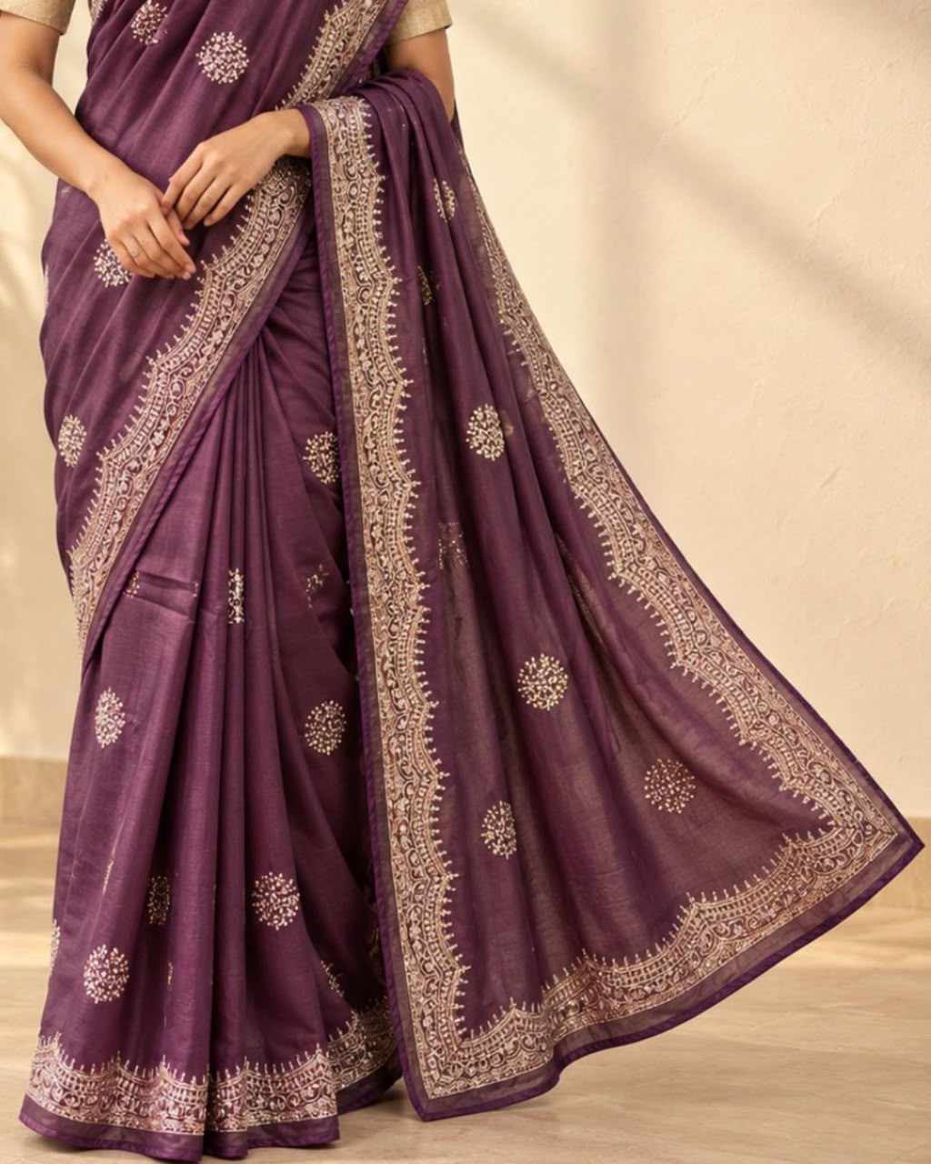 Plum Purple Floral Buttas Heavy Gold Zardosi Border Embroidery Tussar Silk Saree