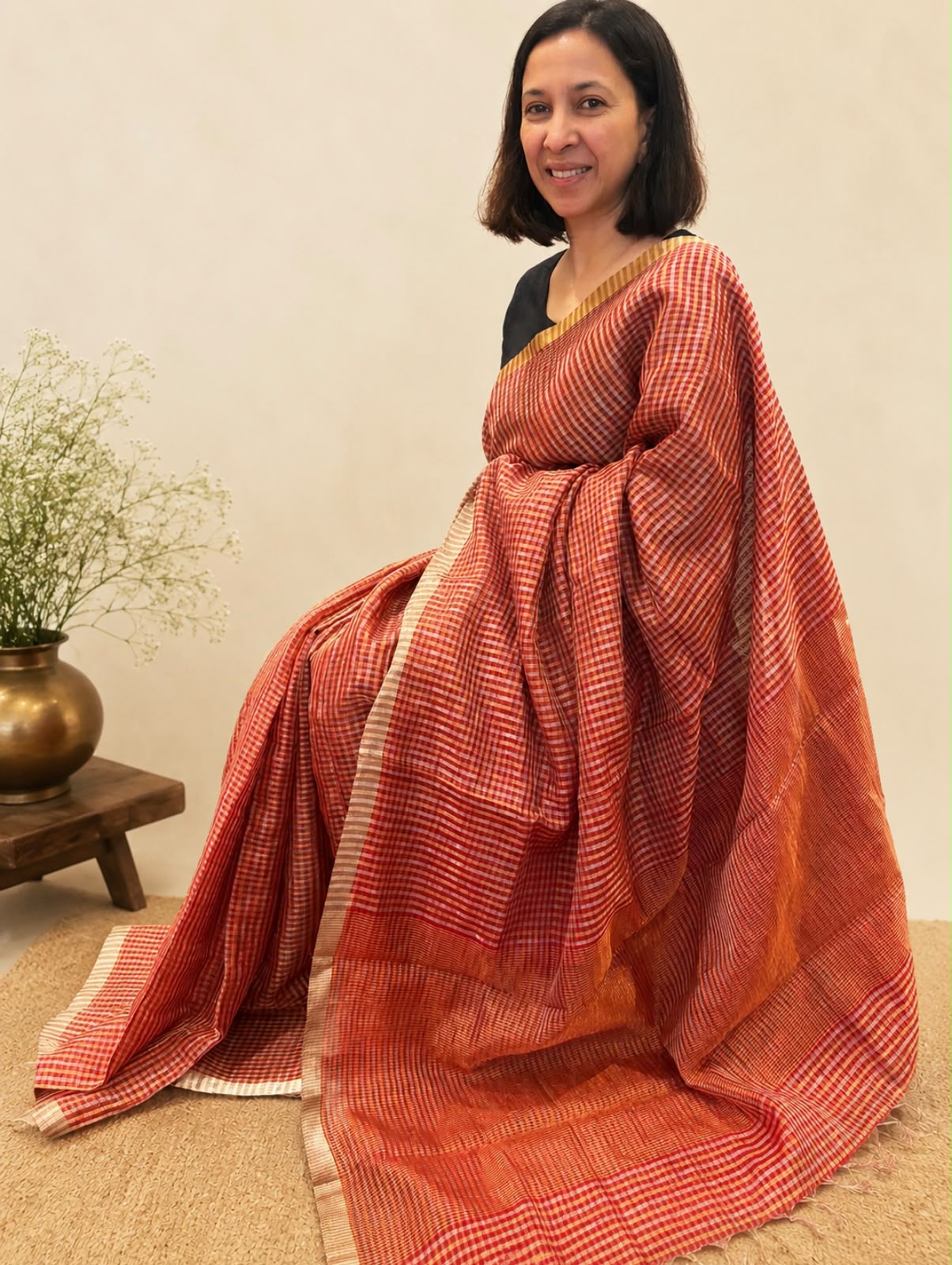 Red Small Checks Chanderi Silk Saree