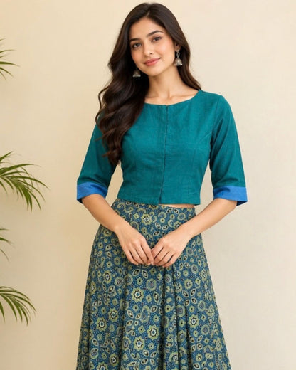 Peacock Green Boat Neck Cotton  Blouse