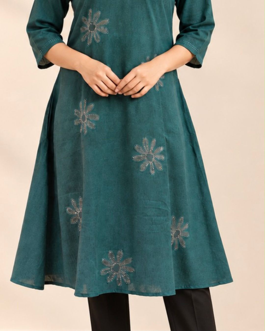 Teal Green Floral Kanta Embroidery A-Line Cotton Dress