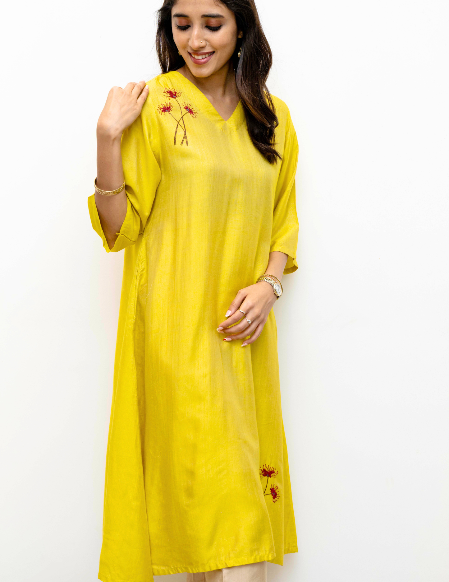 Yellow Porgai Embroidery Cotton Dress