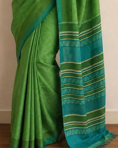Green Printed Tussar Silk Saree