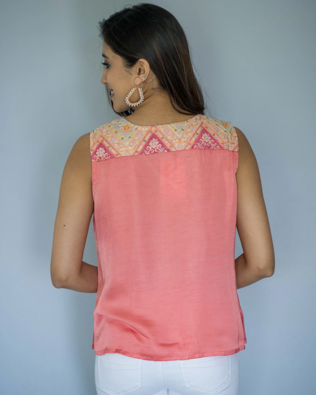 Peach Modal V Neck Yoke Sleeveless Top