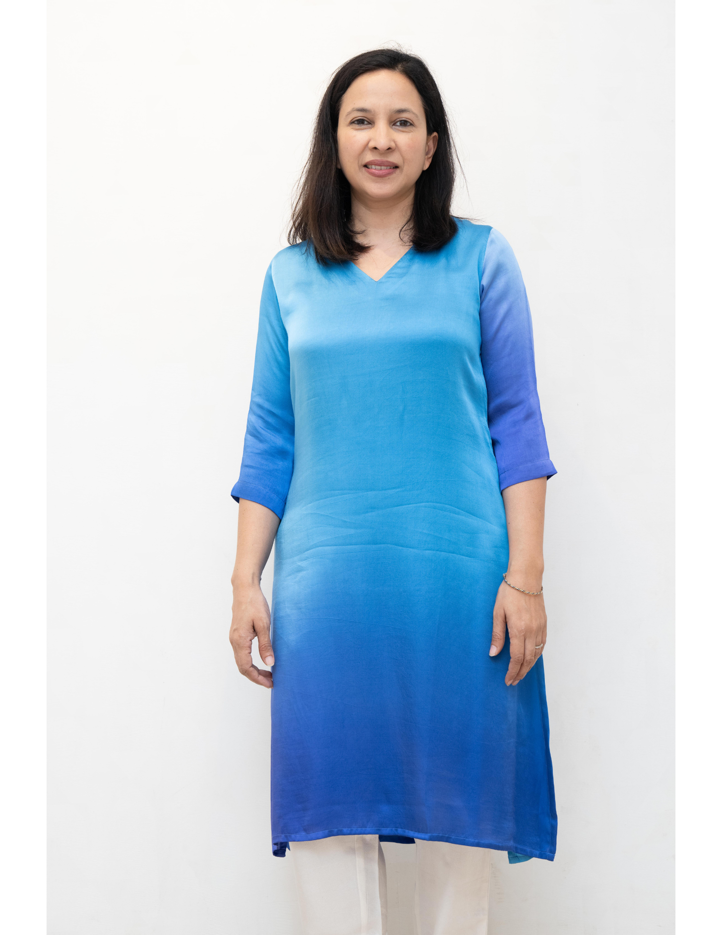 Blue Shaded V Neck Modal Silk Long Kurta
